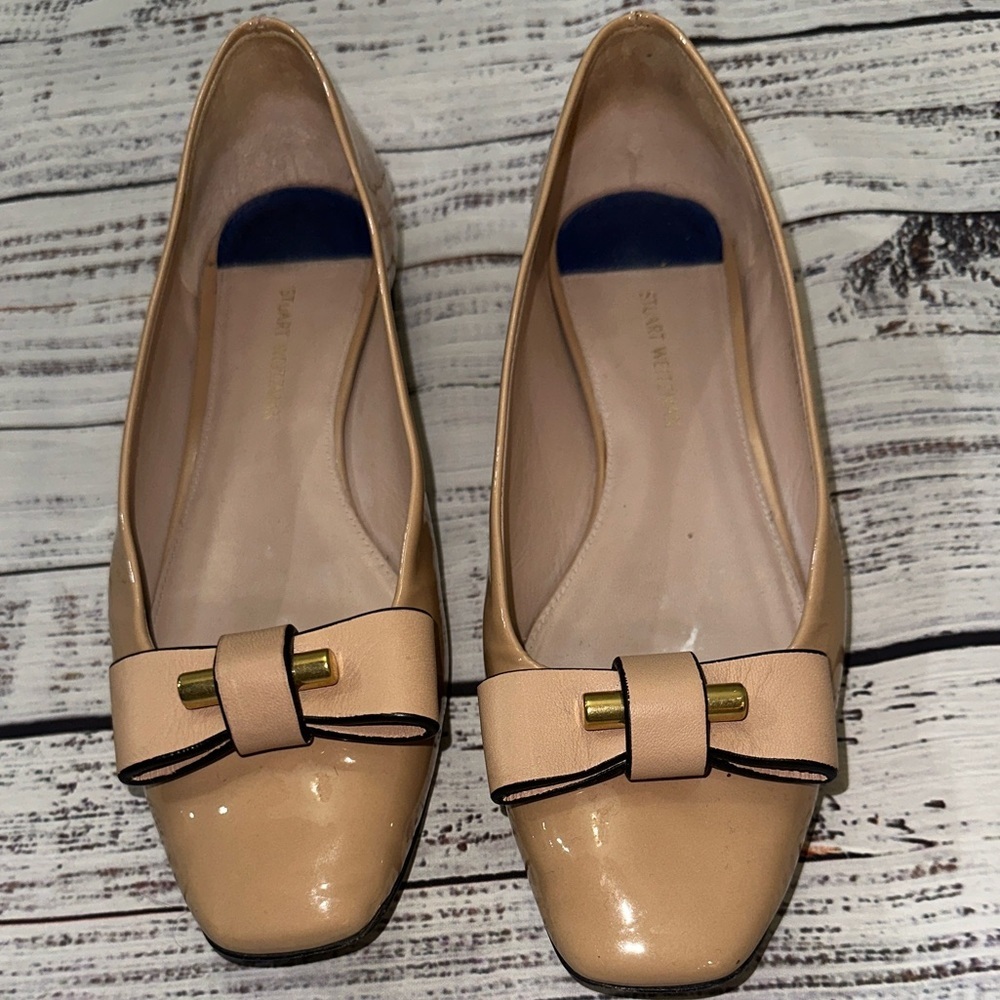 Stuart Weitzman The Belle Nude Patten Leather Bow Ballet Flats Sz. 7.5 - Picture 13 of 13